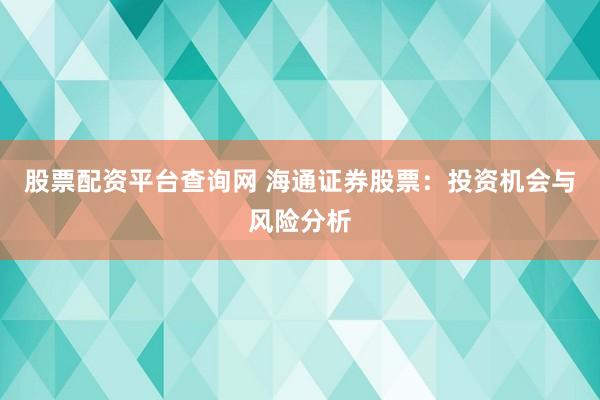 股票配资平台查询网 海通证券股票：投资机会与风险分析